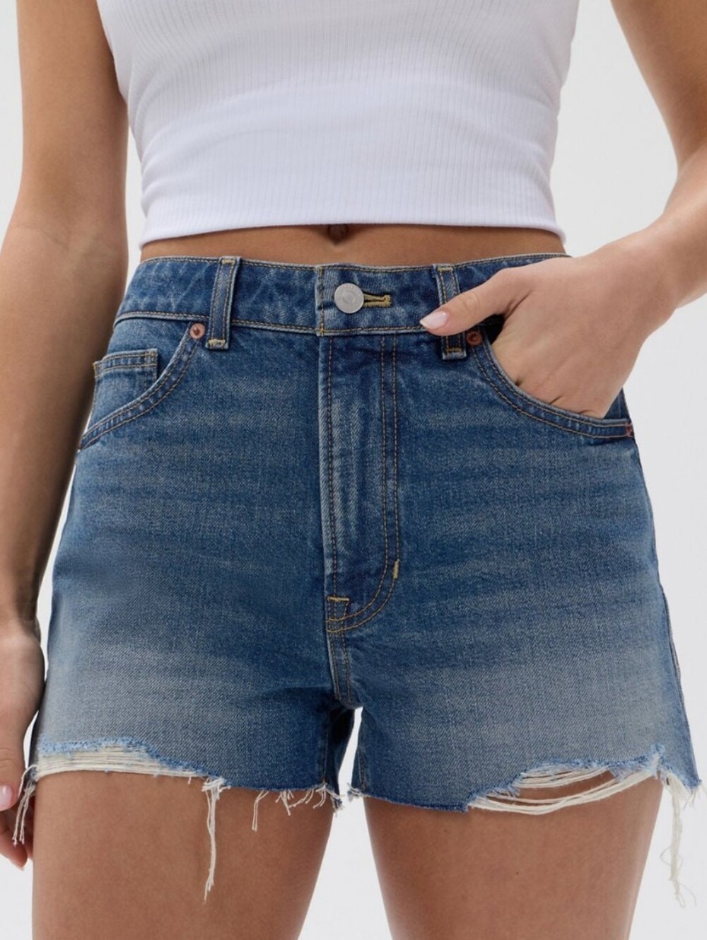 Fabletics Distressed High-Rise Denim Shorts - Blue